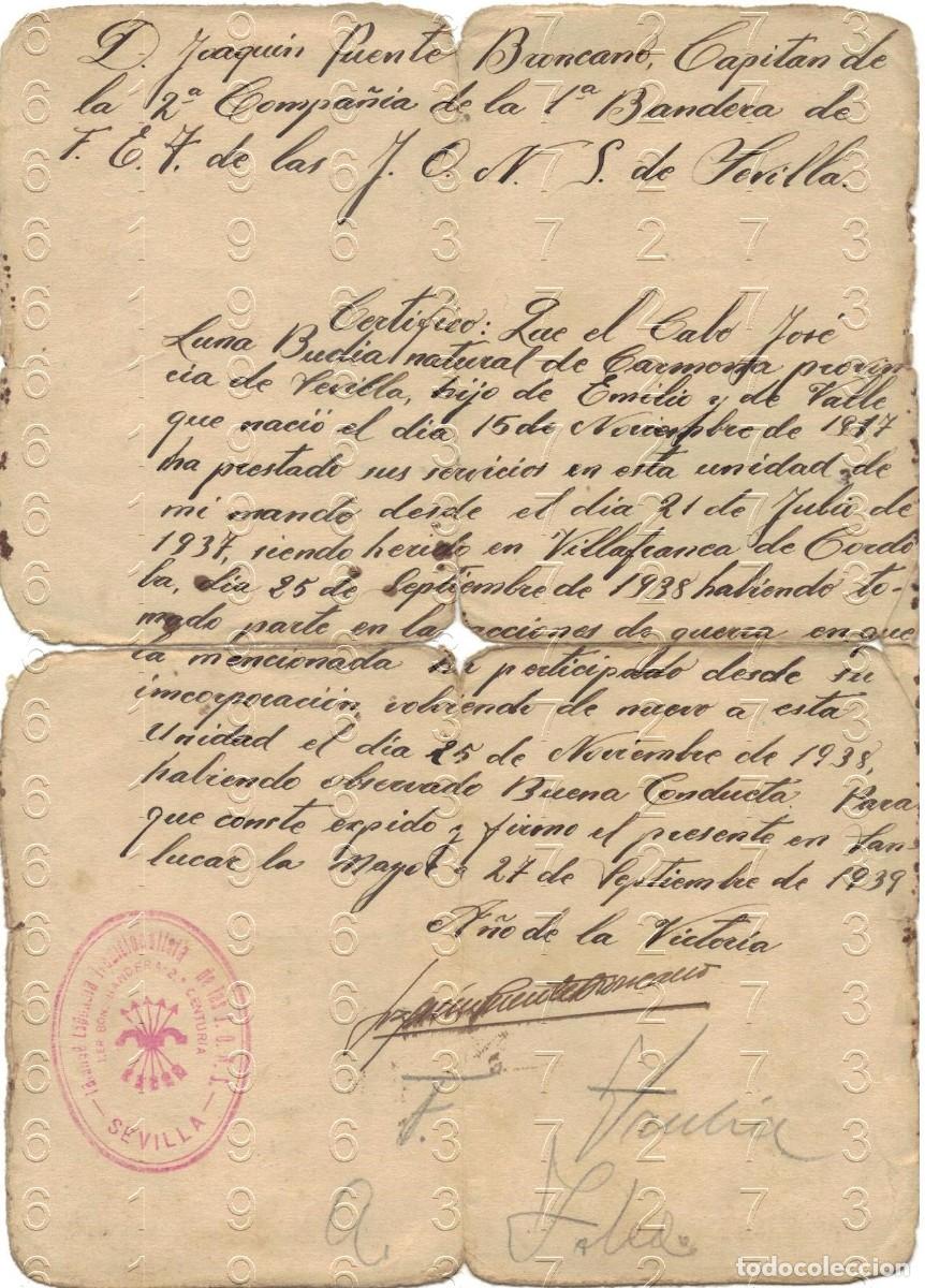 Militaria: CARMONA VILLAFRANCA DE CORDOBA 1939 JOAQUIN PUENTE BRONCANO CABO HERIDO B47