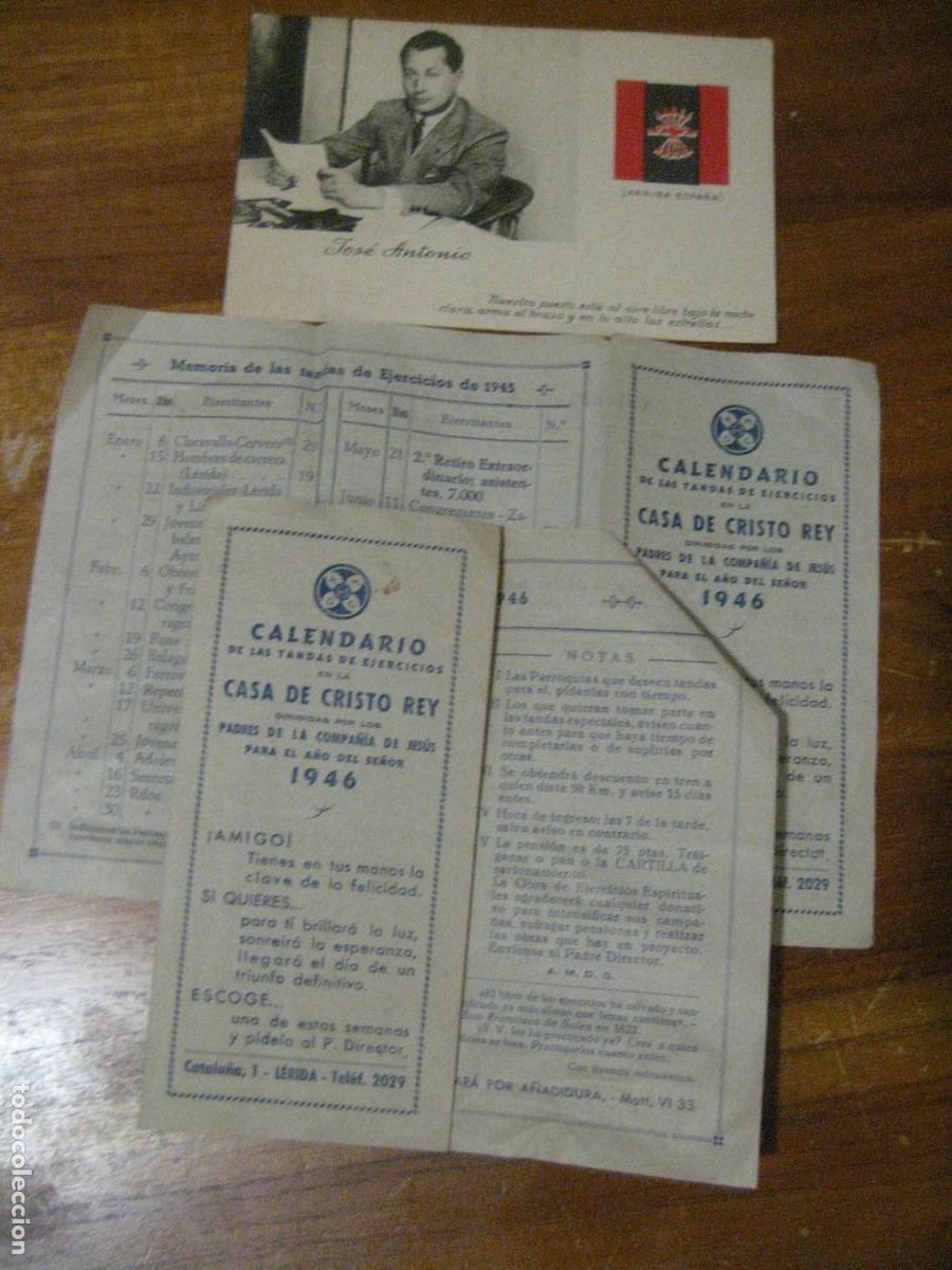Militaria: Postal Jose antonio , Falange y 2 calendario casa de Cristo Rey tareas de ejercicios 1946