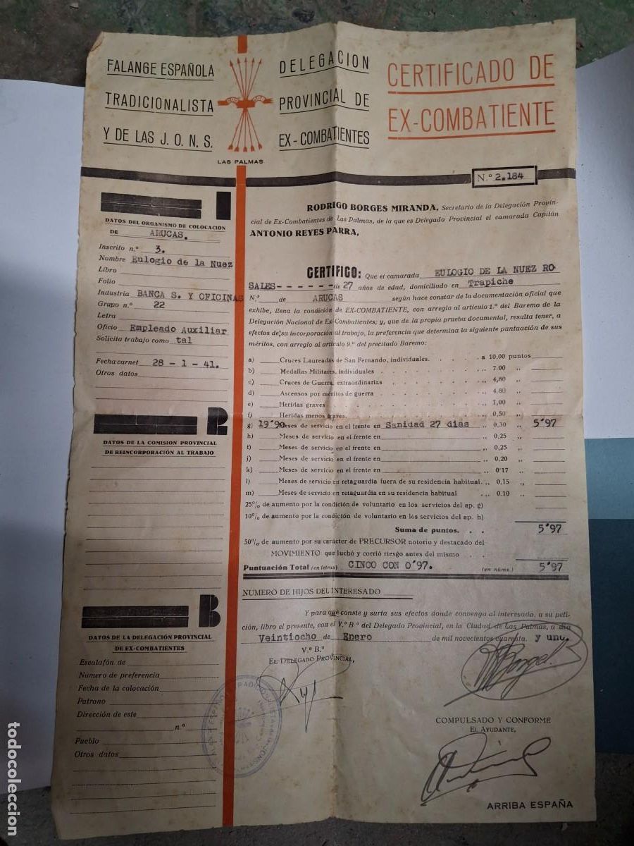 Militaria: Antiguo documento militar certificado ex combatiente Falange Espa&ntilde;ola JONS