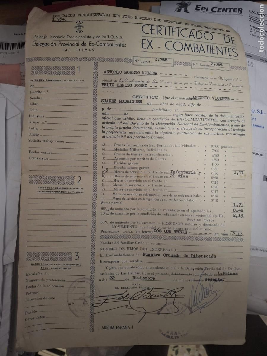 Militaria: Antiguo certificado documento militar ex combatiente Las Palmas