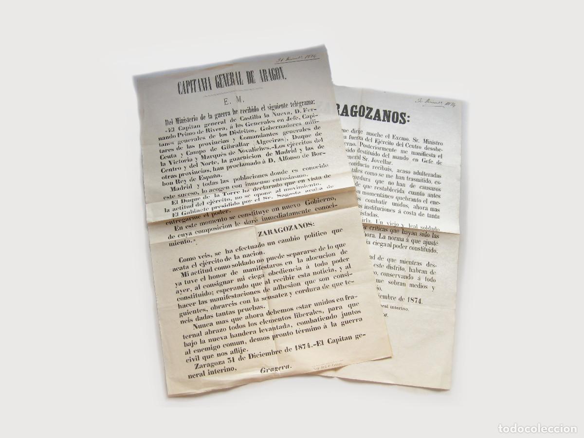 Militaria: CARTELES O BANDOS DE ZARAGOZA. DICIEMBRE DE 1874. CARLISMO. FINAL DE LA PRIMERA REP&Uacute;BLICA ESPA&Ntilde;OLA.