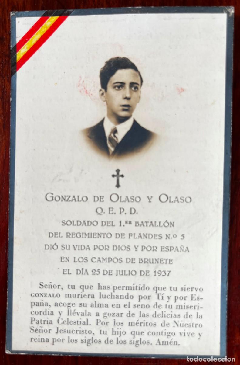Militaria: Recordatorio de soldado del Regimiento de Flandes n.&ordm; 5, ca&iacute;do en Brunete, Guerra Civil 1937