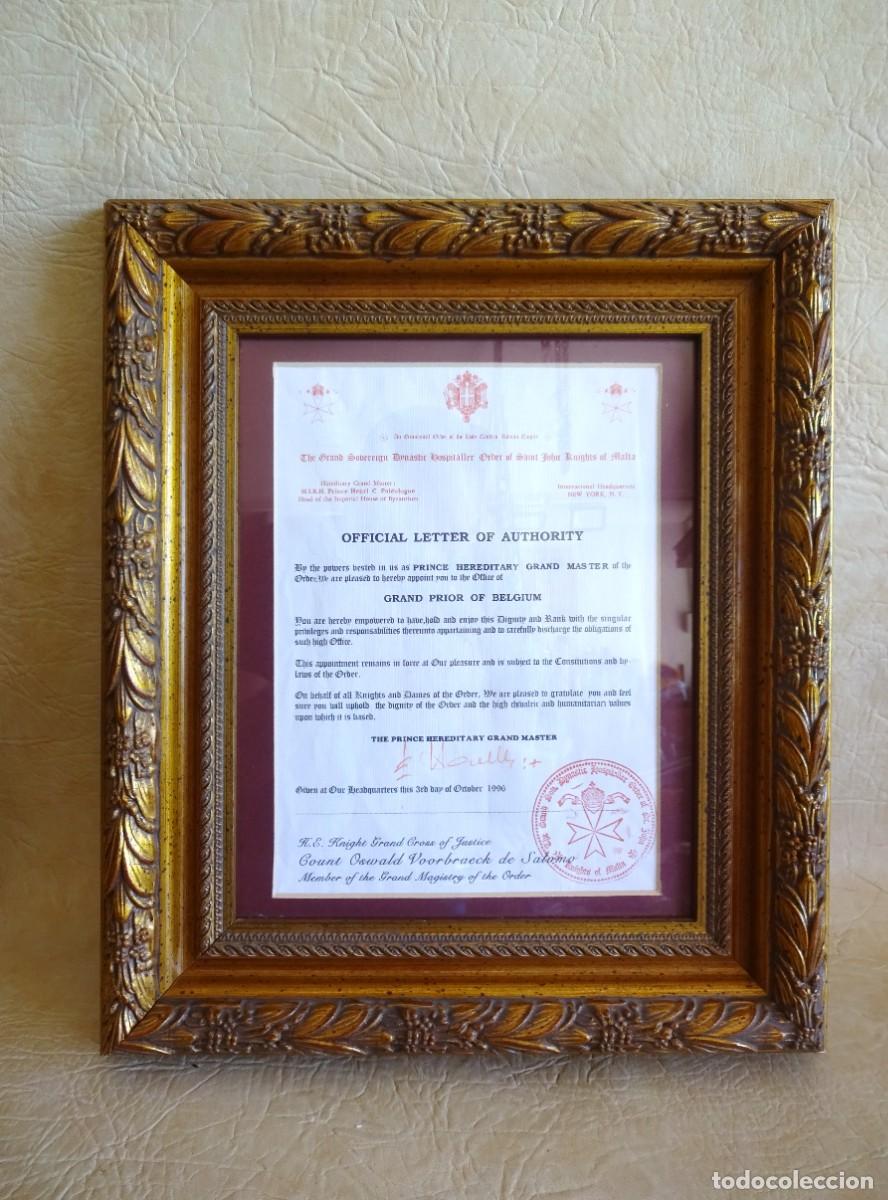 Militaria: documento orden de Malta 1996 Gran Priorde Belgica firmado y enmarcado orden de caballeria