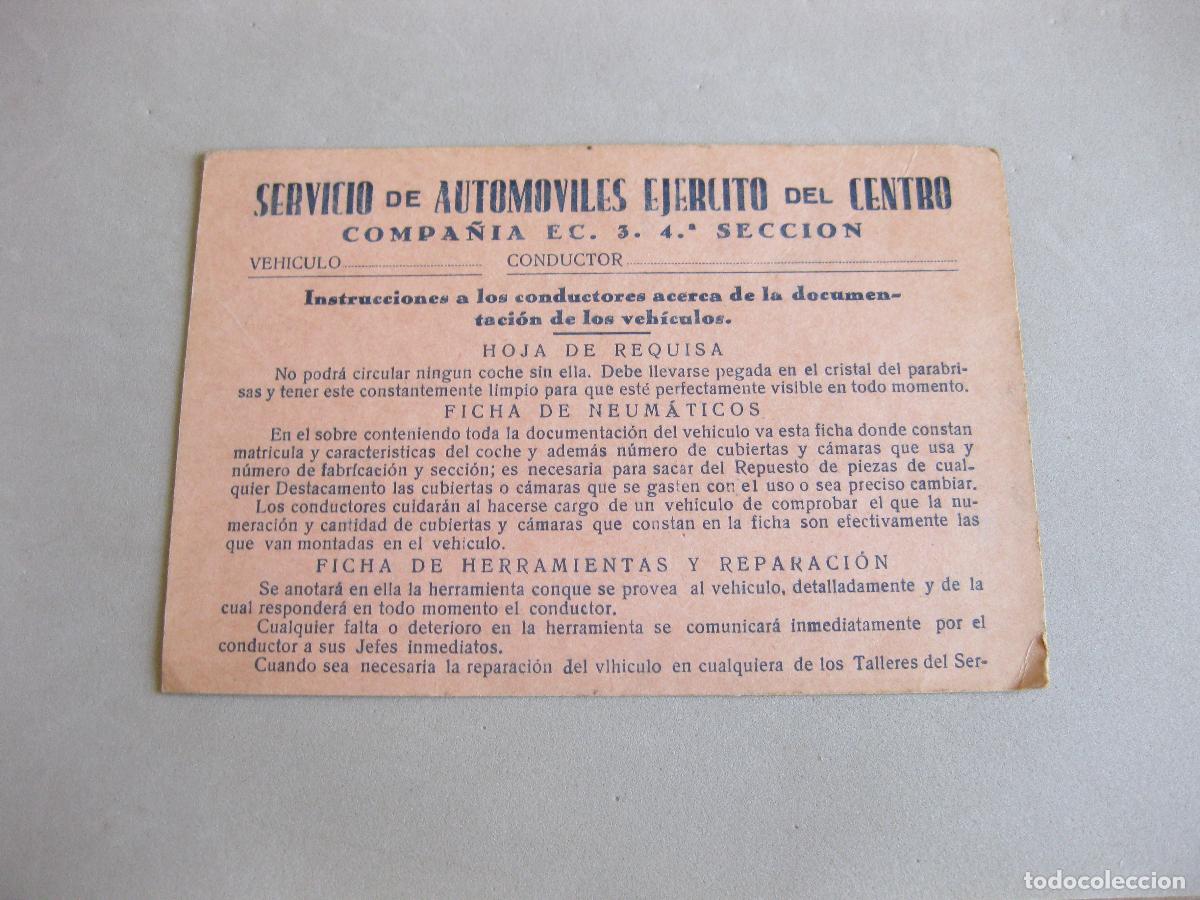Militaria: TARJETA DE INSTRUCCIONES DE CONDUCTORES. SERVICIO DE AUTOM&Oacute;VILES EJ&Eacute;RCITO DEL CENTRO. PLASENCIA 1939