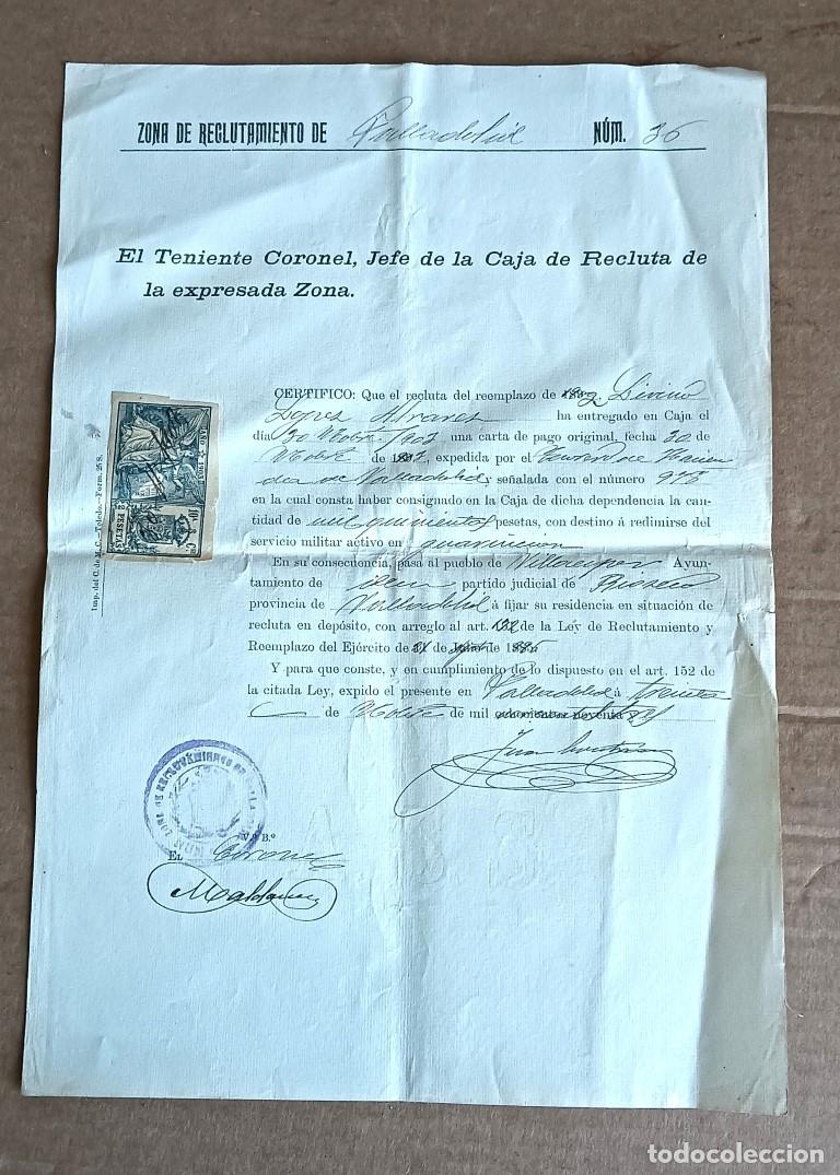Militaria: Certificado militar oficial de redenci&oacute;n 1903 - Zona de de reclutamiento de Valladolid n&uacute;m 36