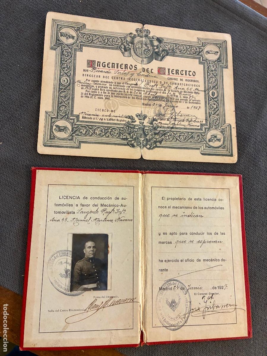 Military Antiques: licencia conduccion de automoviles escuela de mecanicos del ej&eacute;rcito a&ntilde;o 1927 automovilismo militar