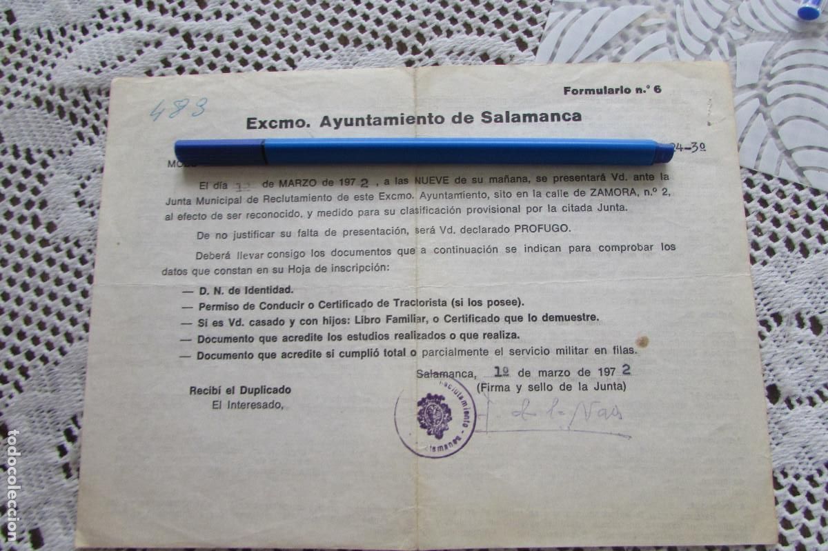 Militaria: DOCUMENTO RECLUTAMIENTO ZAMORA 1972