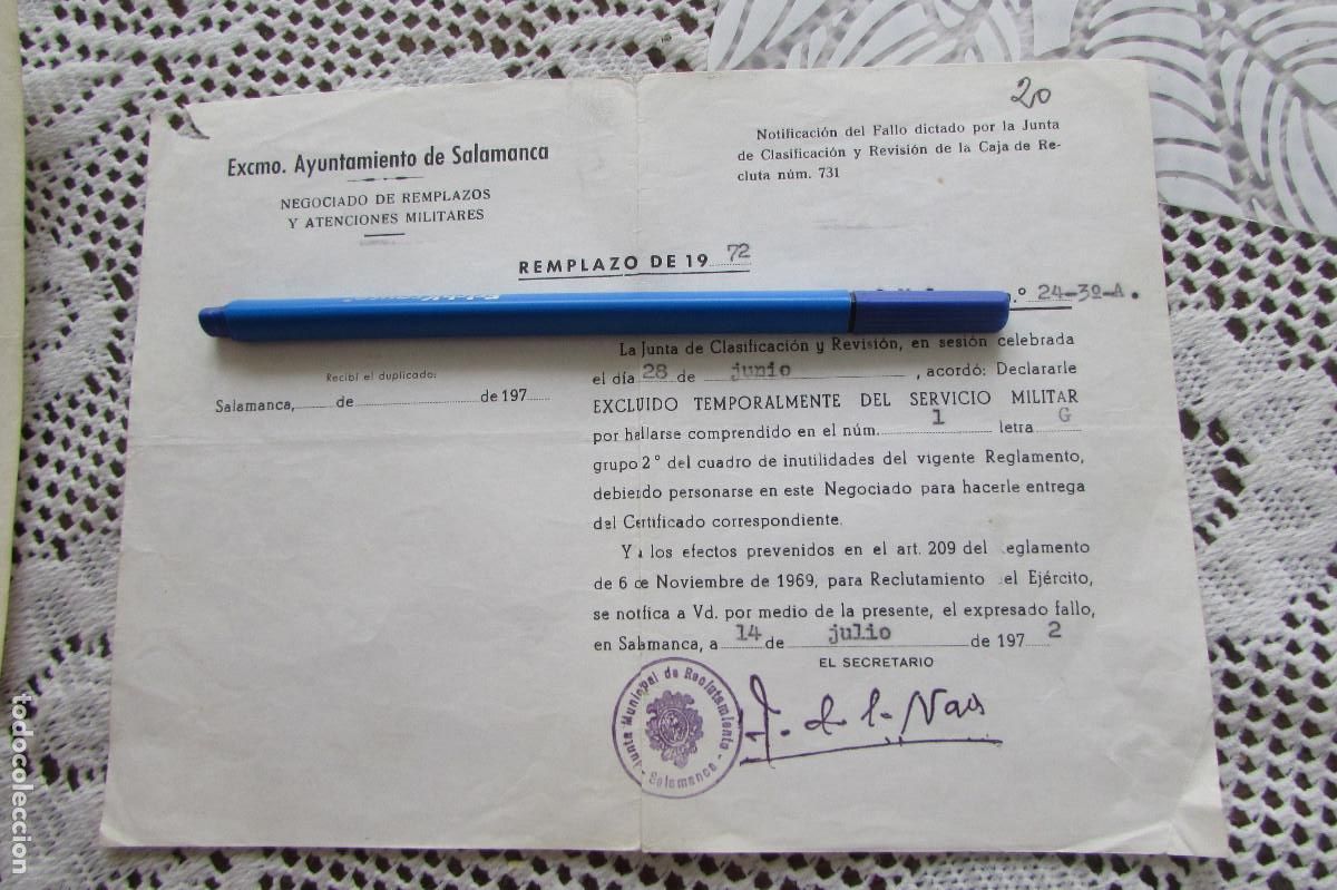 Militaria: DOCUMENTO EXCLUIDO TEMPORALMENTE DEL SERVICIO MILITAR 1972