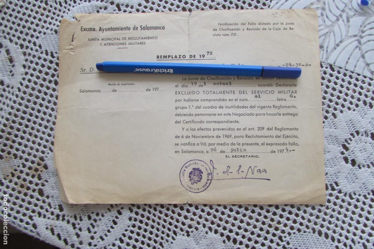 Militaria: DOCUMENTO EXCLUIDO TOTALMENTE DEL SERVICIO MILITAR 1972