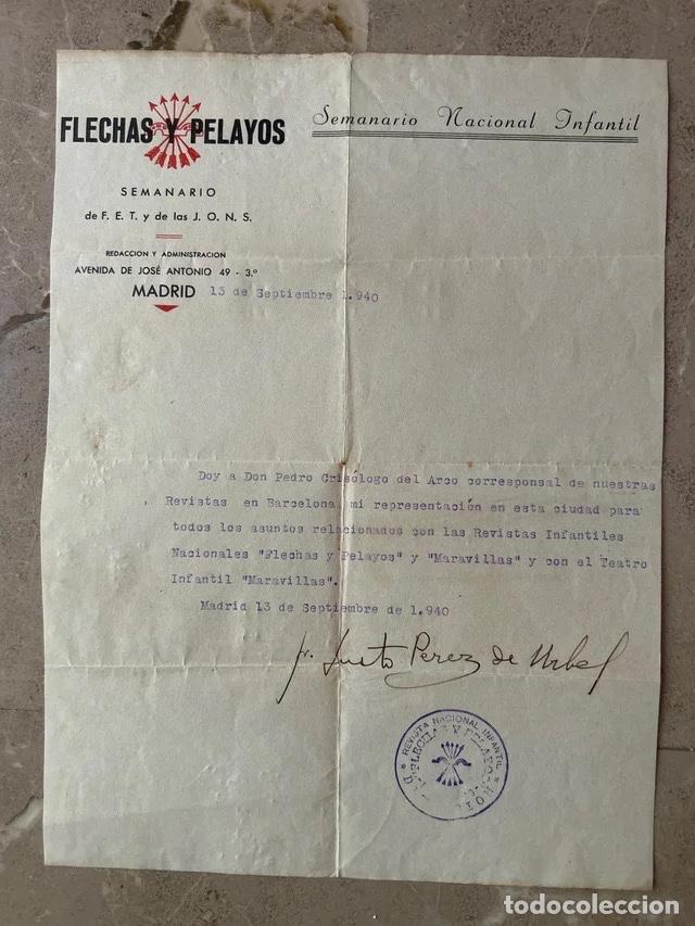 Militaria: Carta Flechas y Pelayos - Falange Espa&ntilde;ola &ndash; Firma de Fray Justo Perez &ndash; Posguerra