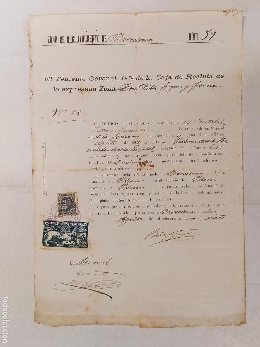 Militaria: ZONA DE RECLUTAMIENTO DE BARCELONA - TENIENTE CORONEL PABLO GOYRI - DOCUMENTO MILITAR A&Ntilde;O 1897