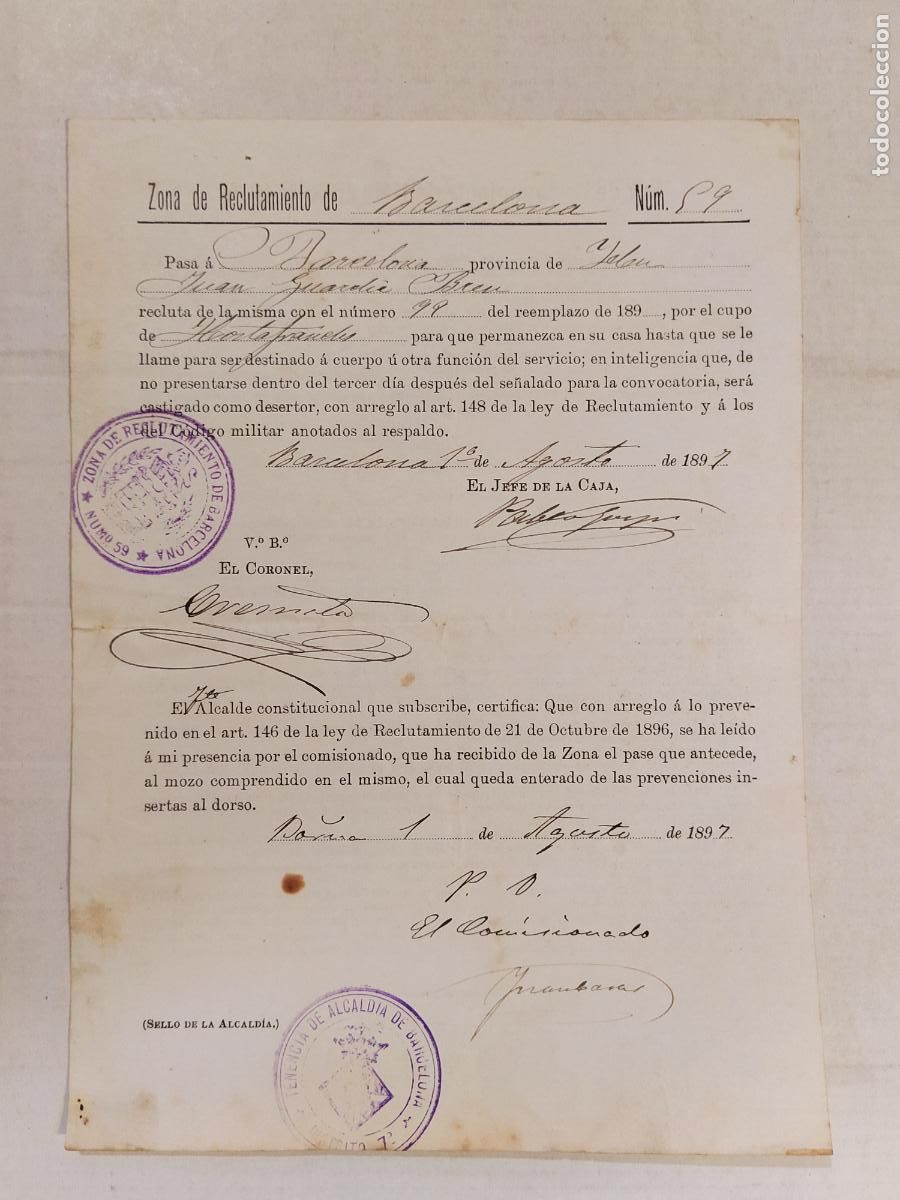 Militaria: ZONA DE RECLUTAMIENTO DE BARCELONA - DOCUMENTO MILITAR A&Ntilde;O 1897 -VER FOTOS