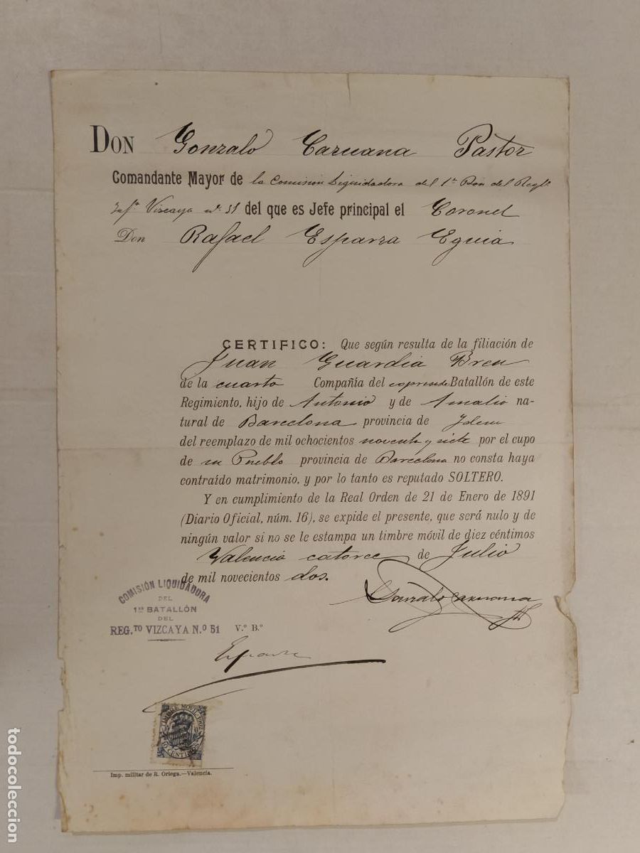Militaria: CORONEL RAFAEL ESPARZA - JUAN GUARDIA REPUTADO SOLTERO - DOCUMENTO MILITAR A&Ntilde;O 1902 -VER FOTOS