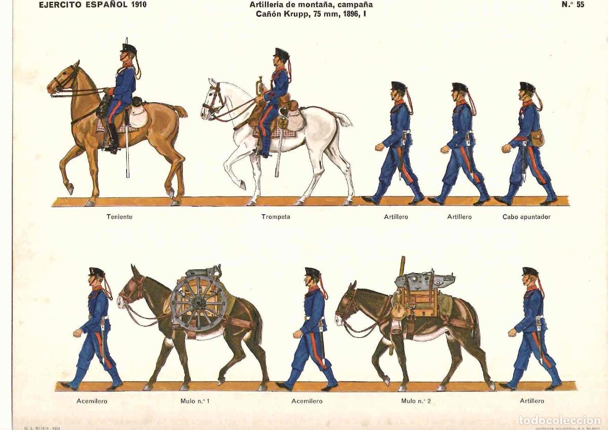 Militaria: RECORTABLE EJERCITO ESPA&Ntilde;OL 1910 ARTILLERIA DE MONTA&Ntilde;A, CAMPA&Ntilde;A CA&Ntilde;ON KRUPP 1896. N&ordm; 55, 1974