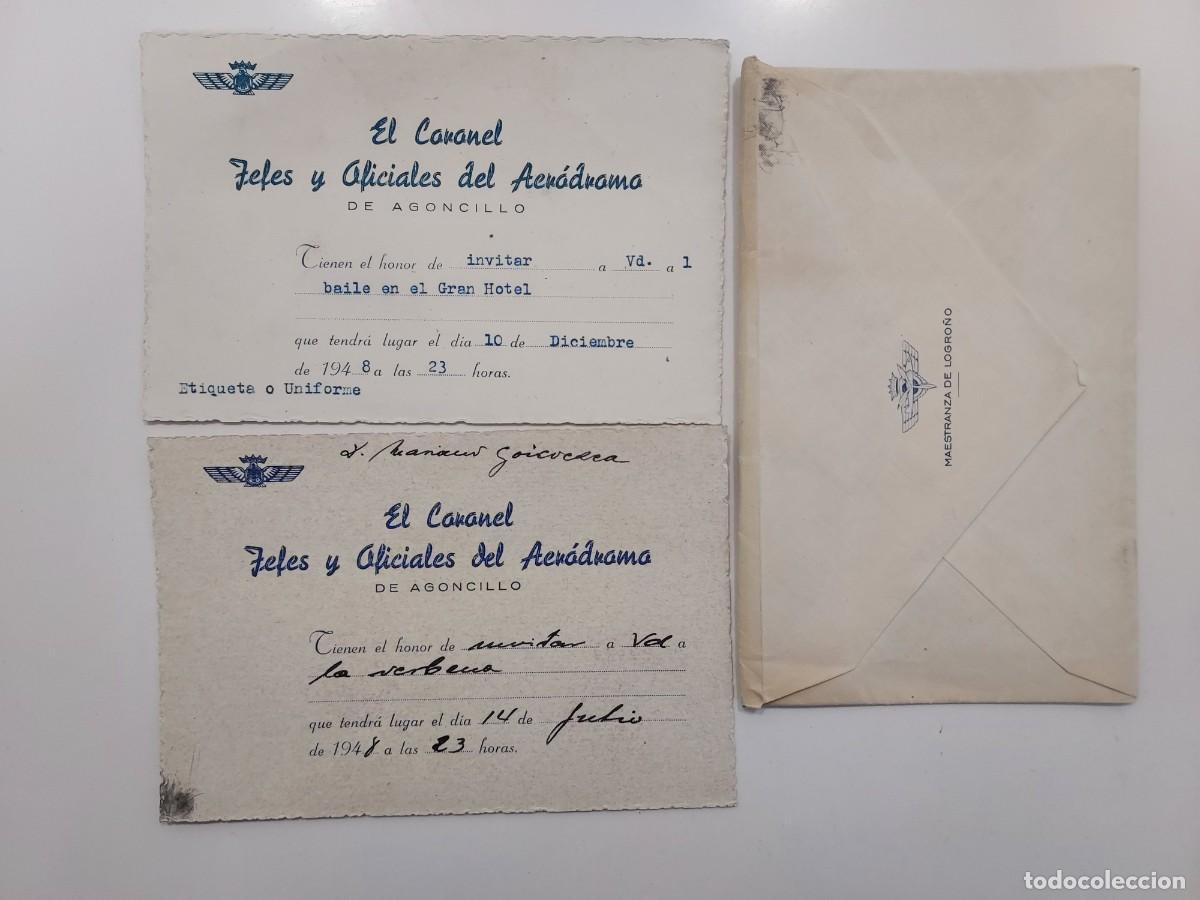 Militaria: AGONCILLO (LA RIOJA). EJERCITO DEL AIRE A&Ntilde;O 1948. 2 INVITACIONES CORONEL AER&Oacute;DROMO AGONCILLO BAILE
