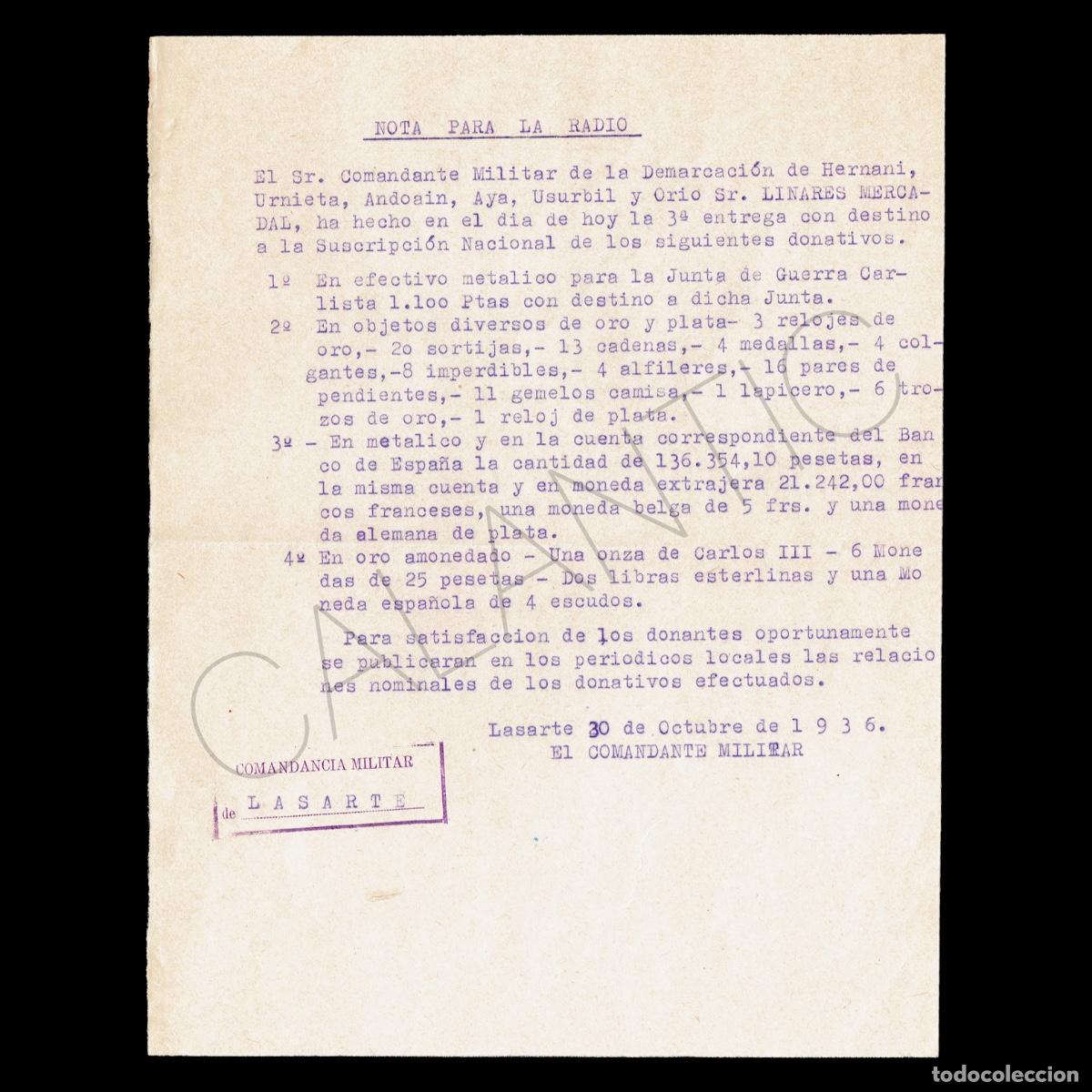 Militaria: Comandancia Militar de Lasarte &ndash; Suscripci&oacute;n Nacional &ndash; Hernani Urnieta Andoain &ndash; Guerra Civil 1936