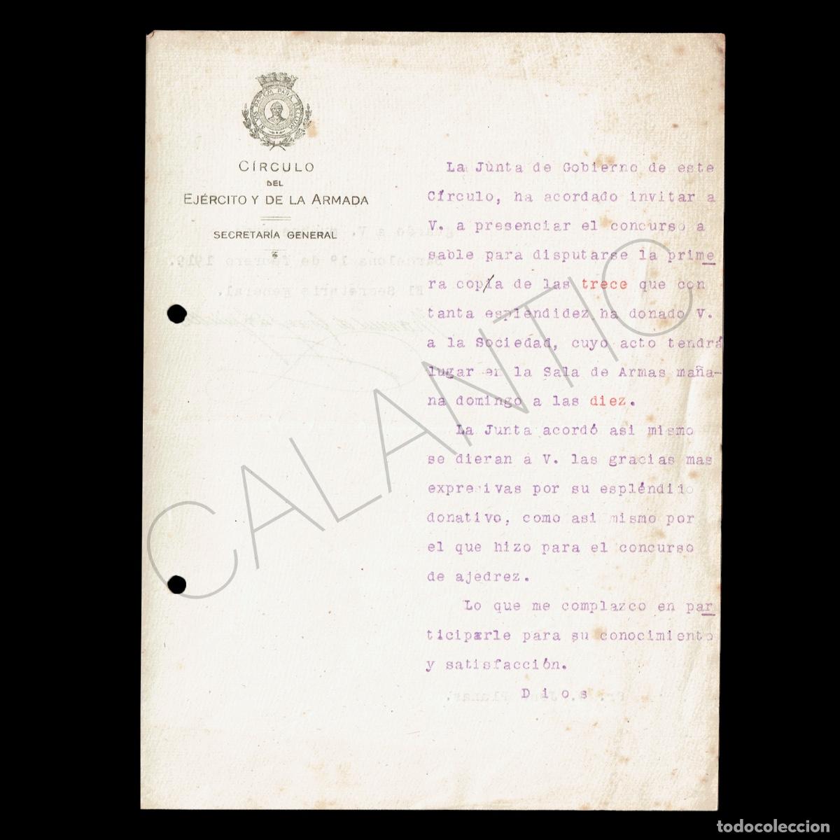 Militaria: Carta invitaci&oacute;n concurso sable &ndash; Firma Ministro Manuel Arg&uuml;elles &ndash; C&iacute;rculo Ej&eacute;rcito &ndash; Josep Planas
