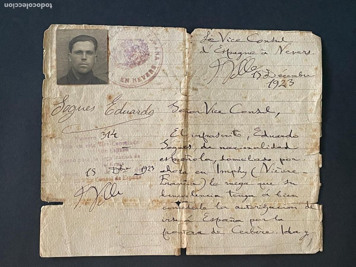 Militaria: DOCUMENTO ESCRITO AL VICE CONSUL DE ESPA&Ntilde;A EN FRANCIA INSPECCION DE VIGILANCIA 1923