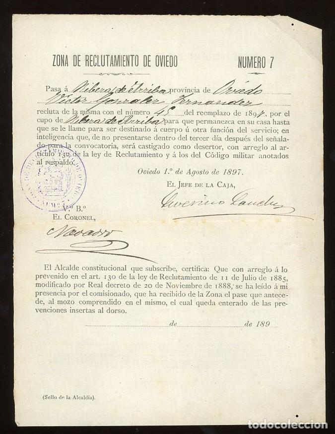 Militaria: RIBERA DE ARRIBA. OVIEDO. ASTURIAS. HOJA DE RECLUTAMIENTO. ORIGINAL. 1897