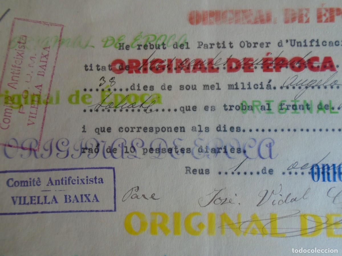 Militaria: (GC-260700)RECIBO SALARIO MILICIANO COMITE ANTIFEIXISTA P.O.U.M.VILELLA BAIXA 1-10-1936 REUS