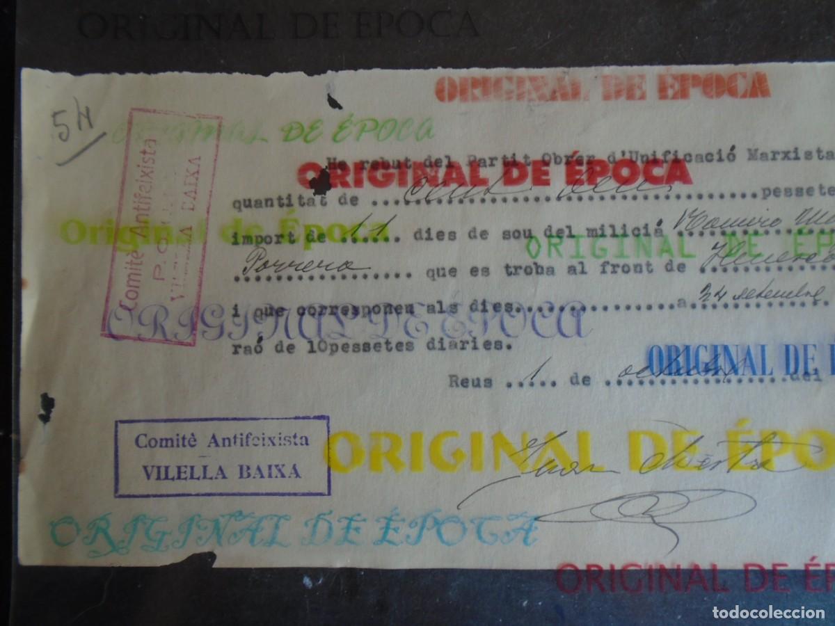 Militaria: (GC-260701)RECIBO SALARIO MILICIANO COMITE ANTIFEIXISTA P.O.U.M.VILELLA BAIXA 1-10-1936 REUS
