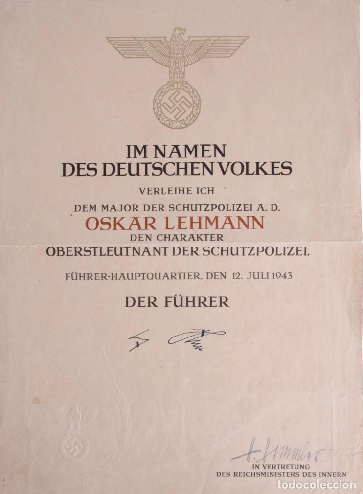 Militaria: Documento original de promoci&oacute;n Schutzpolizei 1943: firma manuscrita Himmler y Hitler facs&iacute;mil