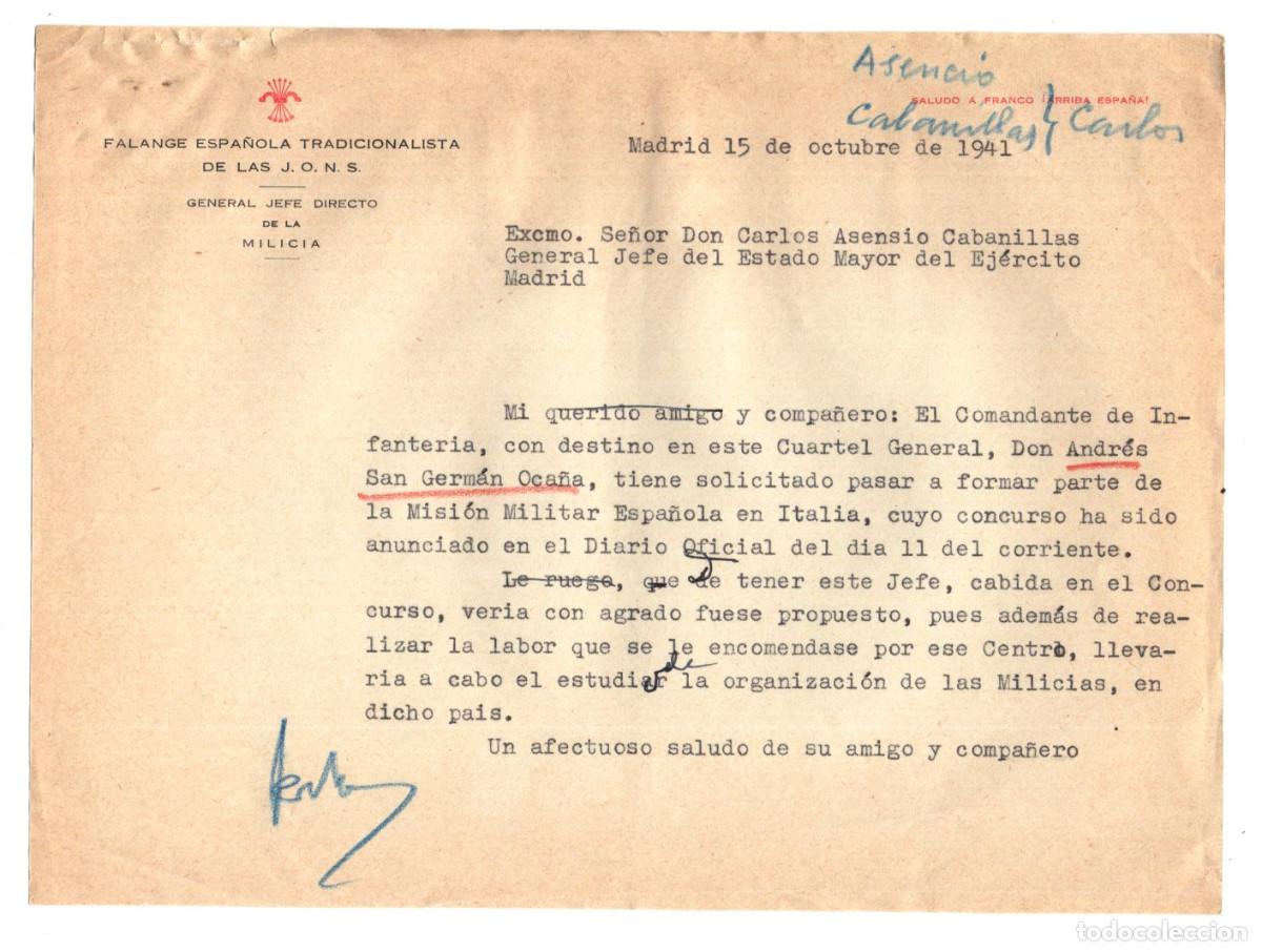 Militaria: CARTA FALANGE ESPA&Ntilde;OLA TRADICIONALISTA Y DE LAS J.O.N.S. DIRIGIDA A CARLOS ASENSIO CABANILLAS