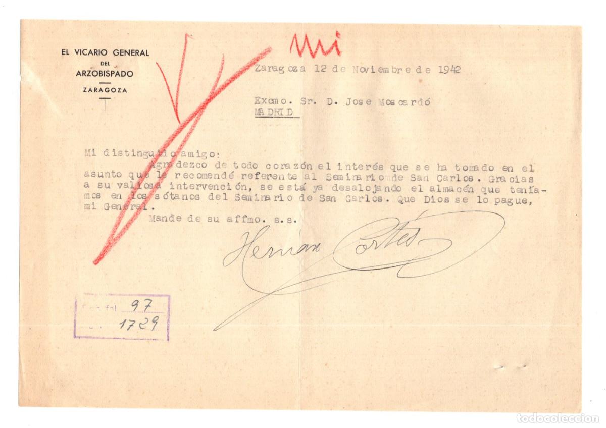 Militaria: CARTA. EL VICARIO GENERAL DEL ARZOBISPADO DE ZARAGOZA. DIRIGIDO AL EXC. D. JOS&Eacute; MOSCARD&Oacute;.