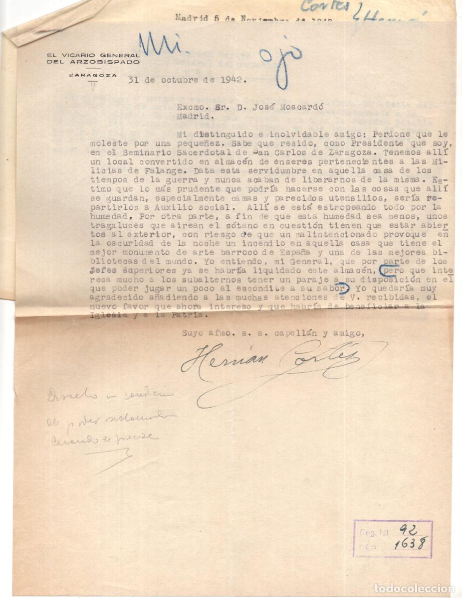 Militaria: CARTA. EL VICARIO GENERAL DEL ARZOBISPADO DE ZARAGOZA. DIRIGIDO AL EXC. D. JOS&Eacute; MOSCARD&Oacute;.