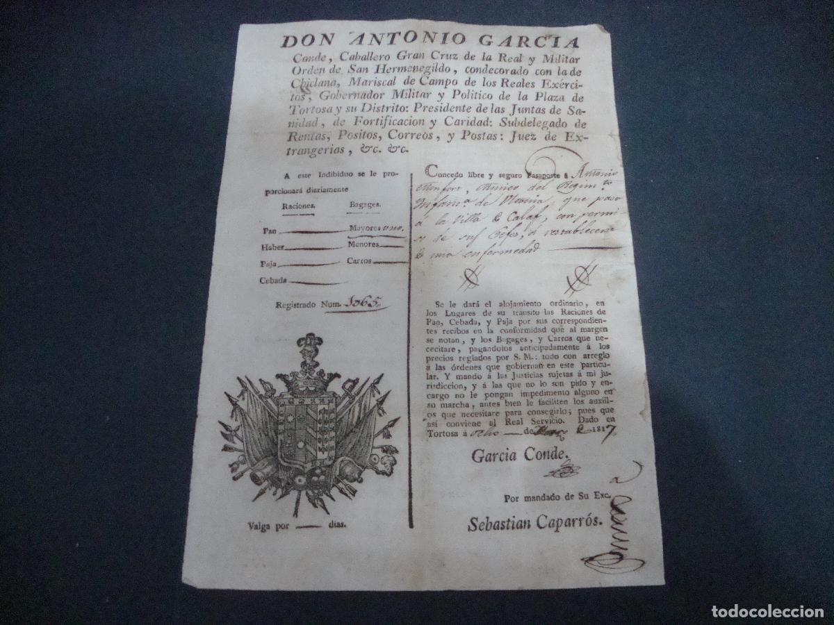 Militaria: HOJA PASAPORTE DON ANTONIO GARCIA CONDE CABALLERO ORDEN HERMENEGILDO 1817