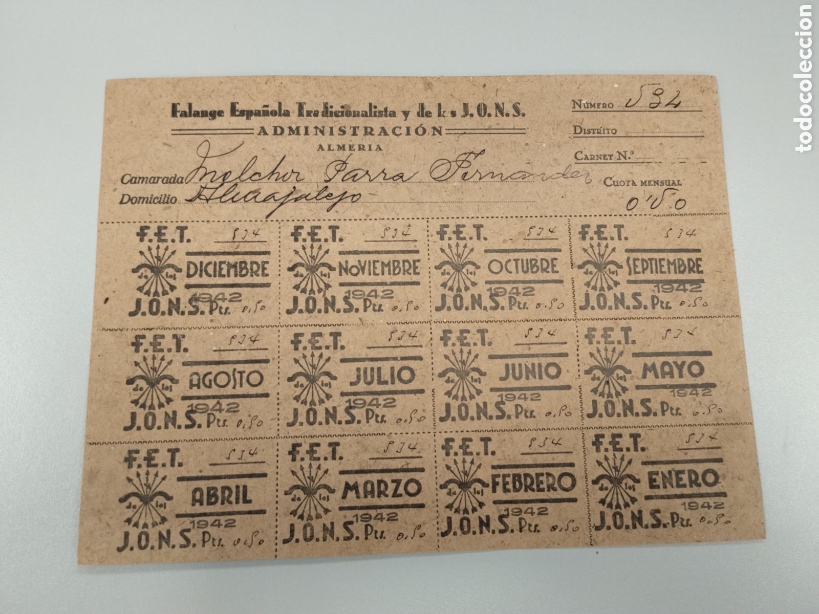 Militaria: Carnet Falange post guerra civil Almer&iacute;a.1942.falangista.requete.frente de juventudes.SEU.seccion fe