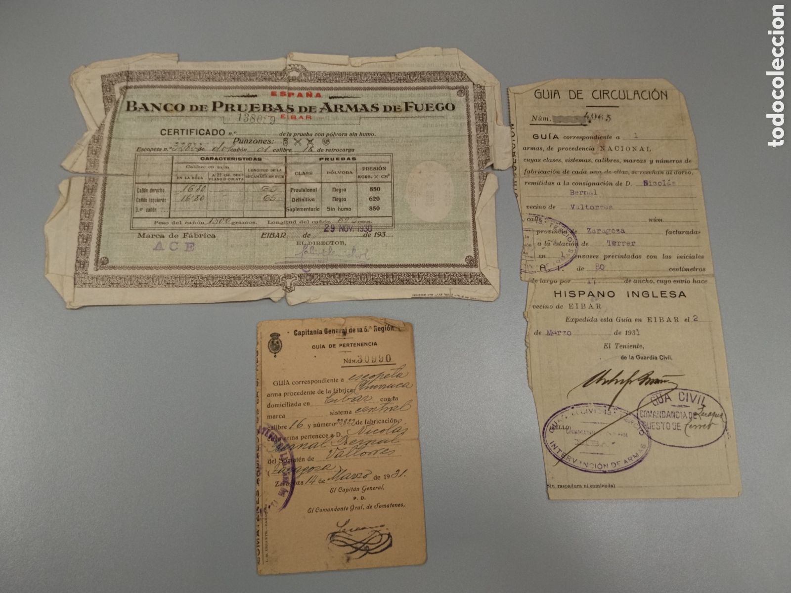 Militaria: Carnet permiso de armas militar Eibar.pais vasco.epoca Alfonso XIII.somaten.fabrica de armas Eibar.r