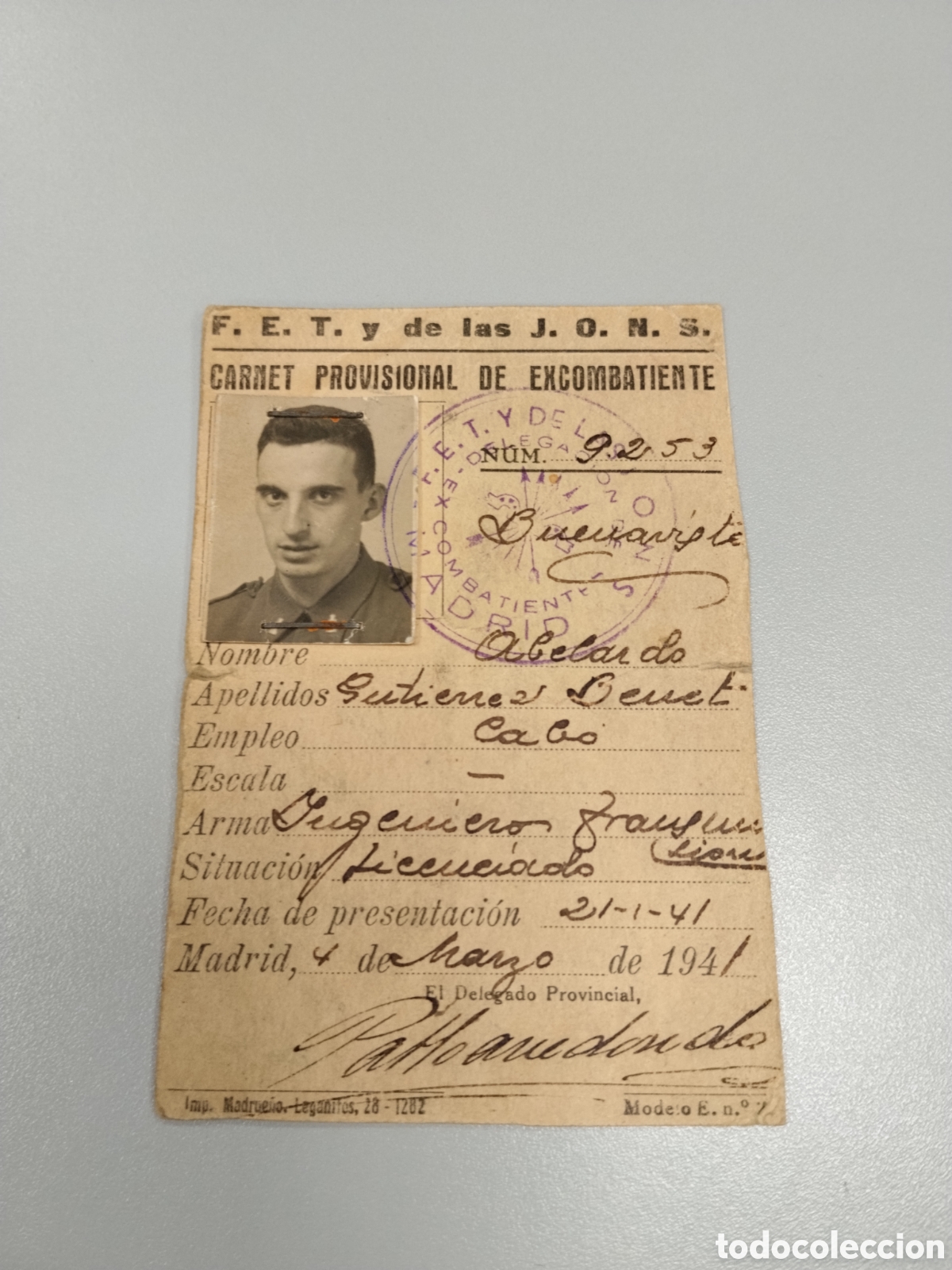 Militaria: Carnet Falange ex combatiente guerra civil.cabo cuerpo de ingenieros.falangista.requete.militar.