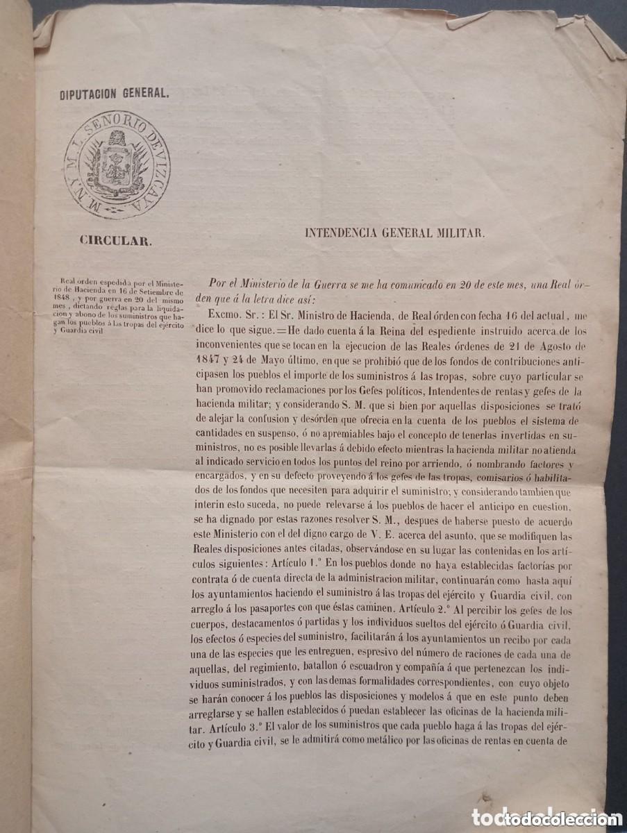 Militaria: INTENDENCIA GENERAL MILITAR. DIPUTACI&Oacute;N GENERAL VIZCAYA. CIRCULAR. SUMINISTRO A TROPAS. 1848. 28 pag