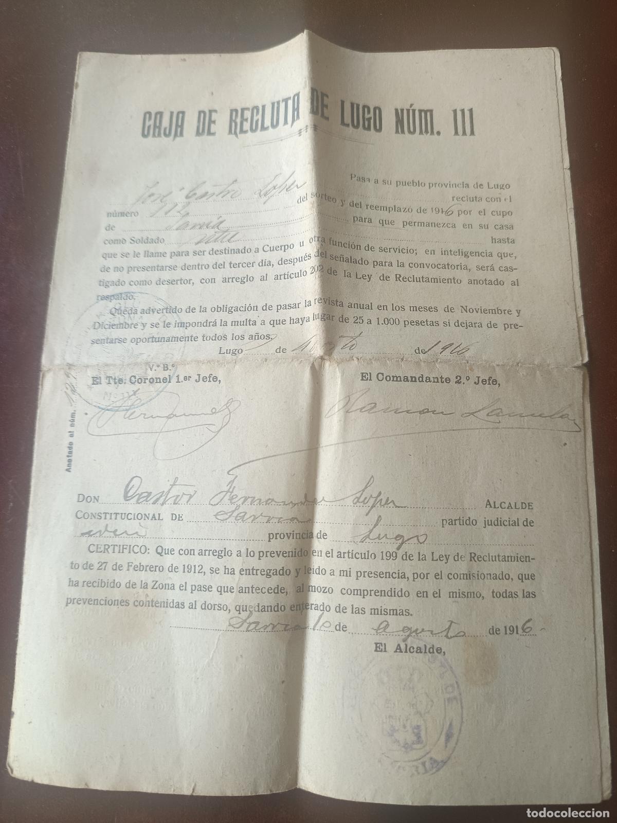Militaria: OFICION CAJA DE RECLUTA DE LUGO NUM. 111, PARA SOLDADO DE SARRIA, 1916