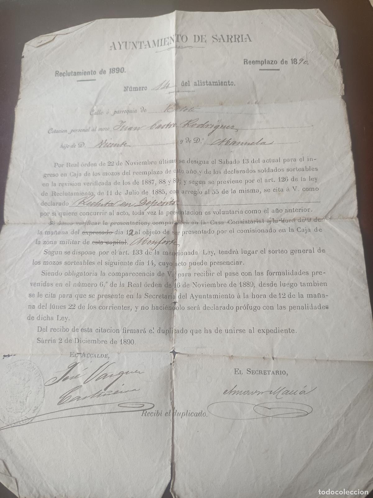 Militaria: OFICIO AYUNTAMIENTO DE SARRIA LUGO, RECLUTAMIENTO 1890, ALISTAMIENTO, SOLDADO EN DEPOSITO
