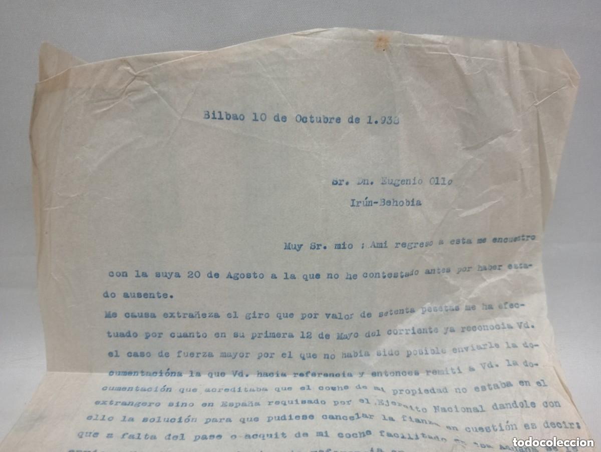 Militaria: BILBAO 1933. EUGENIO OLLO. IR&Uacute;N &ndash; BEHOBIA. CARTA SOBRE COCHE REQUISADO POR EL EJERCITO NACIONAL