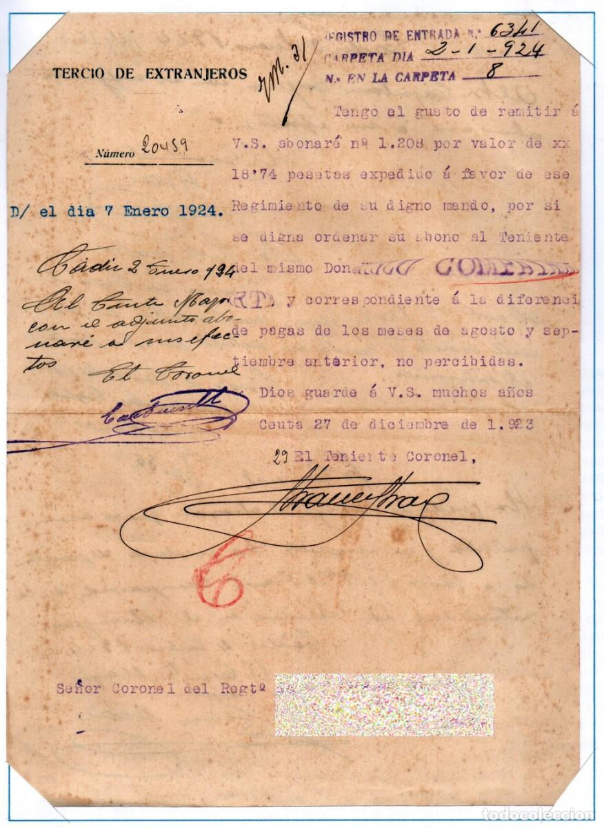 Militaria: Documento con firma ol&oacute;grafa del Teniente Coronel Francisco Franco en 1923.