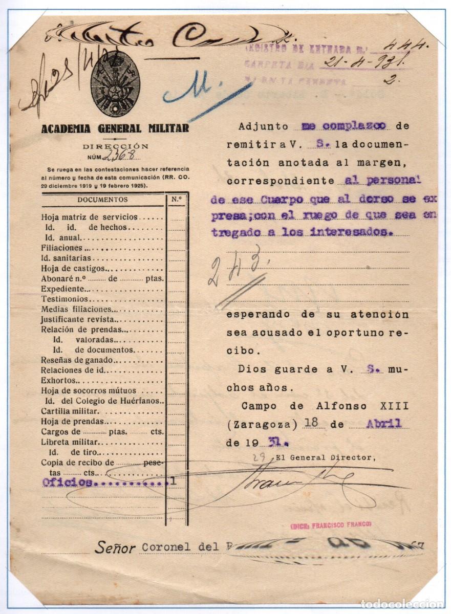 Militaria: Documento con firma ol&oacute;grafa del General Francisco Franco en 1931.