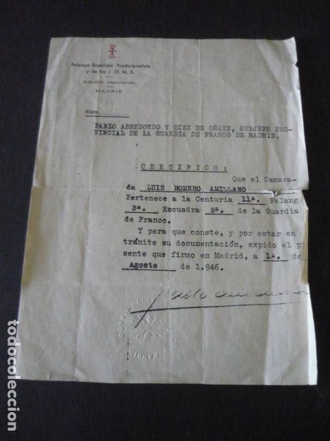 Militaria: GUARDIA DE FRANCO MADRID CERTIFICADO CAMARADA PERTENECIENTE CENTURIA 11&ordf; FALANGE 1946