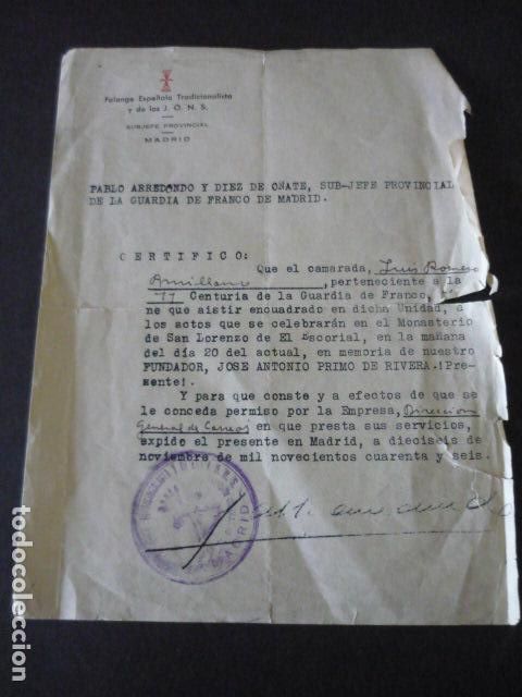 Militaria: GUARDIA DE FRANCO MADRID CERTIFICADO CAMARADA CENTURIA 11&ordf; ASISTENCIA EL ESCORIAL ACTO JOSE ANTONIO