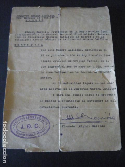 Militaria: MADRID 1940 JUVENTUD OBRERA CATOLICA CERTIFICADO PERTENENCIA EN 18 DE JULIO 1936