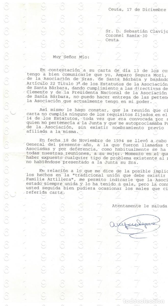 Militaria: CEUTA AMPARO SEGURA MORI ASOCIACION SE&Ntilde;ORAS DE SANTA BARBARA CARTA 1994 1 HOJA M41