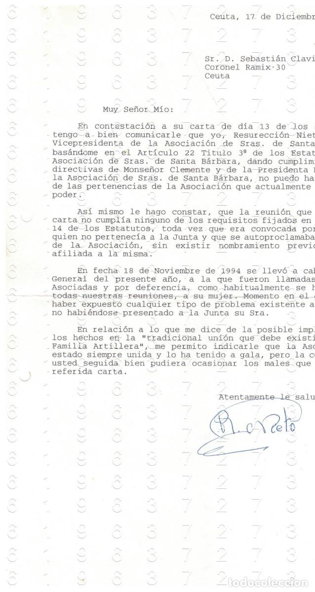 Militaria: CEUTA RESURRECCION NIETO DELGADO ASOCIACION SE&Ntilde;ORAS DE SANTA BARBARA CARTA 1994 1 HOJA M41