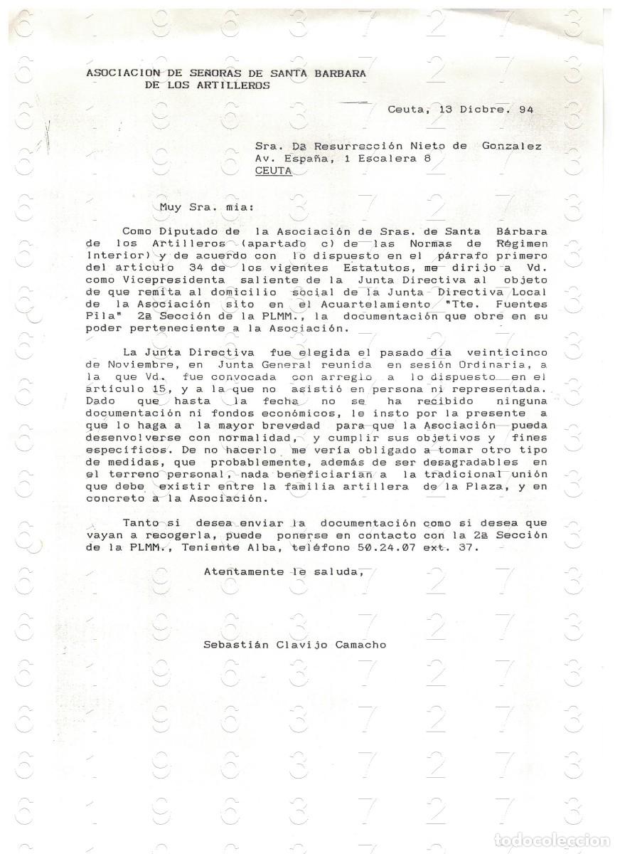 Militaria: CEUTA ASOCIACION SE&Ntilde;ORAS DE SANTA BARBARA RESURRECCION NIETO CARTA 1994 1 HOJA M42
