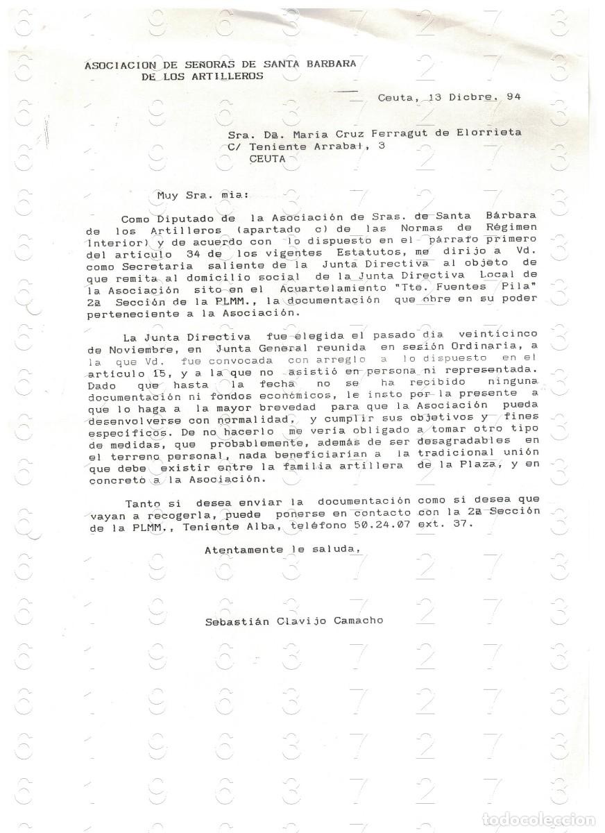 Militaria: CEUTA ASOCIACION SE&Ntilde;ORAS DE SANTA BARBARA MARIA CRUZ FERRAGUT CARTA 1994 1 HOJA M42