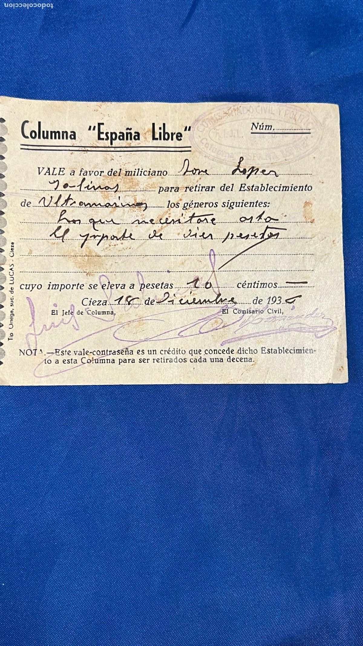 Militaria: Columna espa&ntilde;a libre vale a favor de un miliciano murcia 1936 guerra civil - sello cnt y F.I.J.L