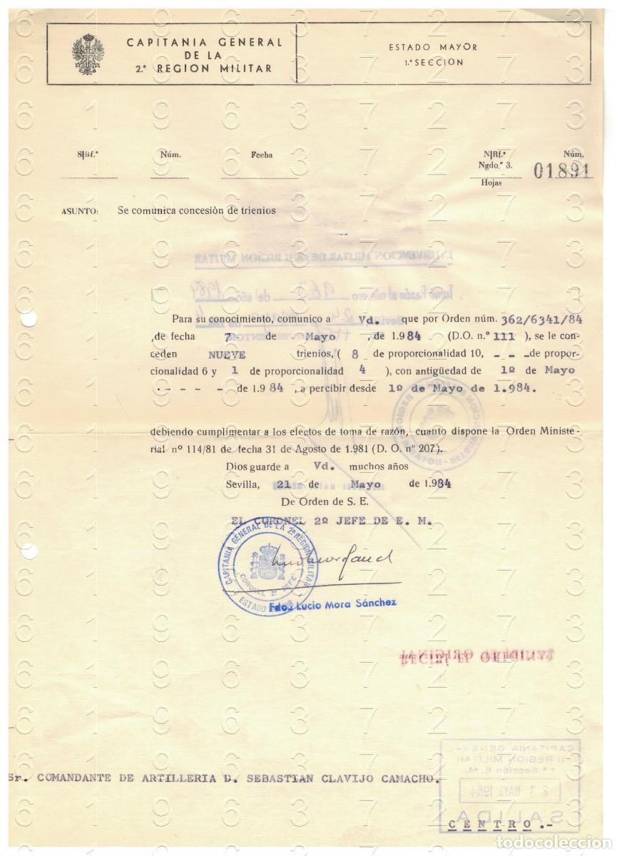 Militaria: CORONEL LUCIO MORA SANCHEZ CONCESION DE TRIENIOS CARTA 1984 1 HOJA M42