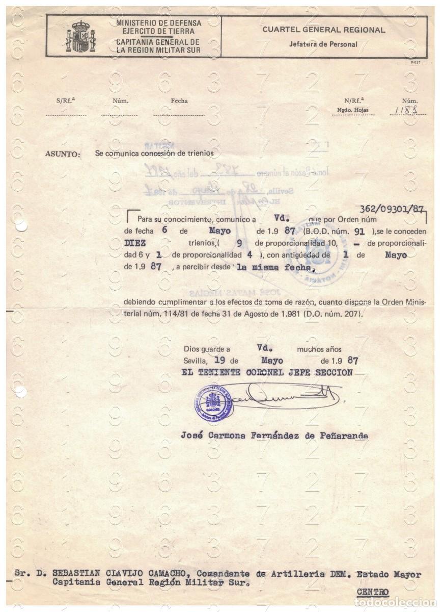 Militaria: TENIENTE CORONEL JOSE CARMONA FERNANDEZ CONCESION DE TRIENIOS CARTA 1987 1 HOJA M42