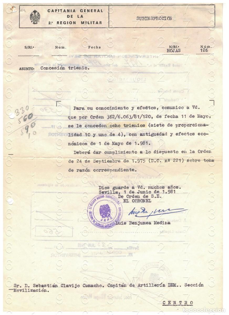 Militaria: CORONEL LUIS BENJUMEA MEDINA CONCESION DE TRIENIOS CARTA 1981 1 HOJA M42